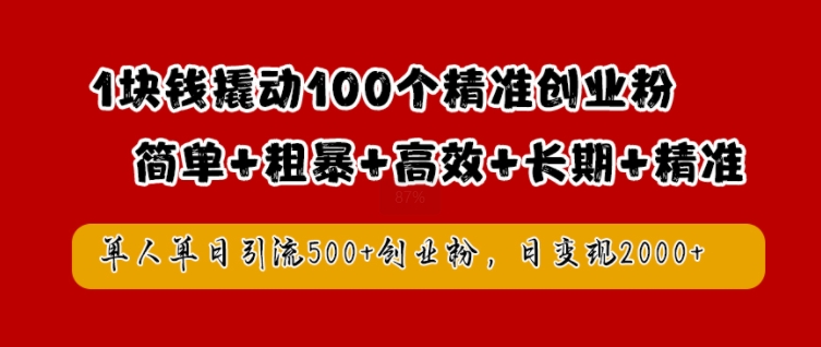 1块钱撬动100个精准创业粉，简单粗暴高效长期精准，单人单日引流500+创业粉，日变现2k【揭秘】-蓝天网创