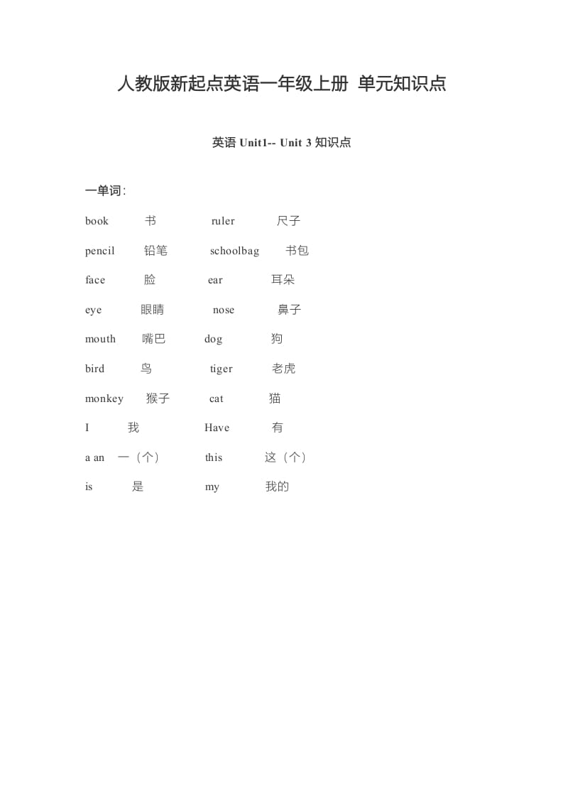 一年级英语上册单元知识点（人教一起点）-蓝天网创