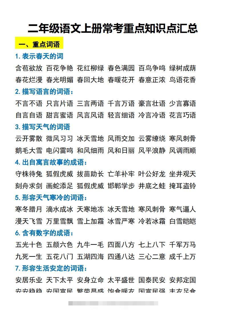 二年级语文上册常考重点知识点汇总必背-蓝天网创