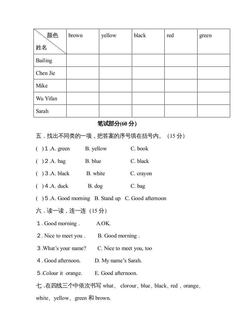 图片[2]-三年级英语上册Unit2colours单元测试及答案（人教PEP）-蓝天网创