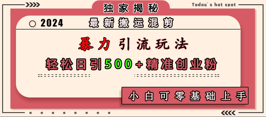 最新搬运混剪暴力引流玩法，轻松日引500+精准创业粉，小白可零基础上手-蓝天网创